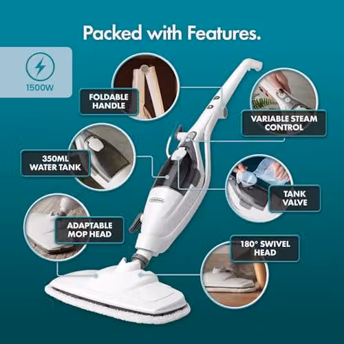 VonHaus 10-in-1 Steam Mop and Handheld Steam Cleaner, 1500W Multi-Surface Electric Mop in White with 350ml Tank – 6