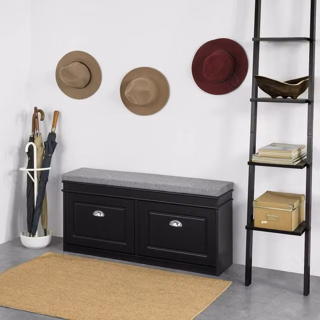 SoBuy Slim Entrance Bench with Cushioned Fabric Seat and Shoe Storage in Black and Silver – 2