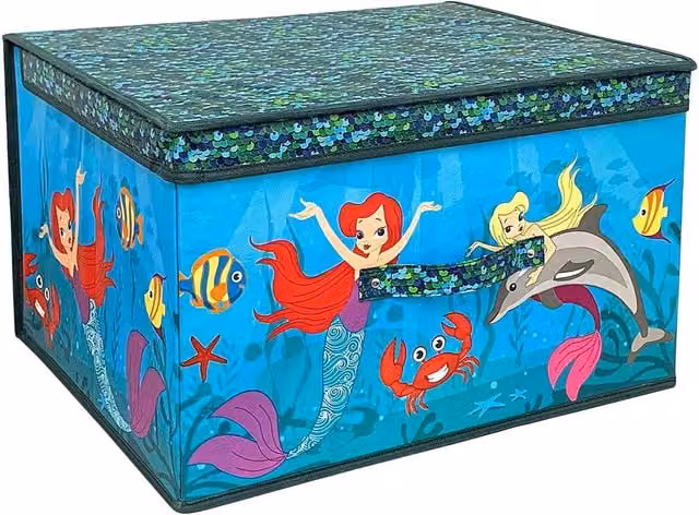 The Magic Toy Shop Large Foldable Kids Toy Storage Box with Lid, Mermaid Design, Multicolour and Blue Fabric