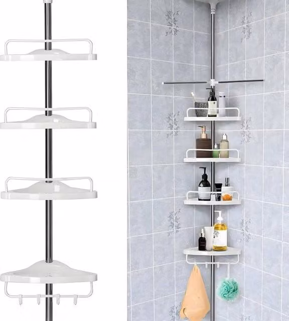 Kelvenix 4 Tier Telescopic White Wall Mounted Corner Bathroom Shower Shelf Rack with Adjustable Shelves