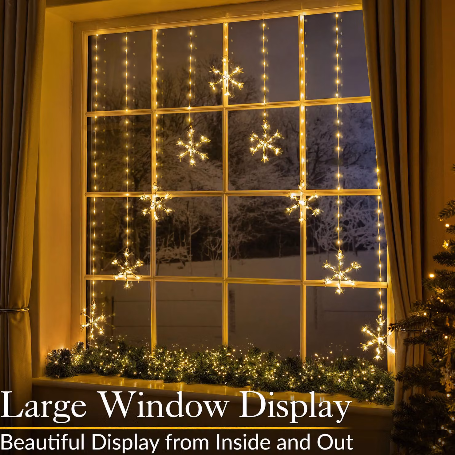 Christow Christmas Micro LED Snowflake Curtain Lights in Warm White and Beige, W/H: 120 x 120 cm – 3