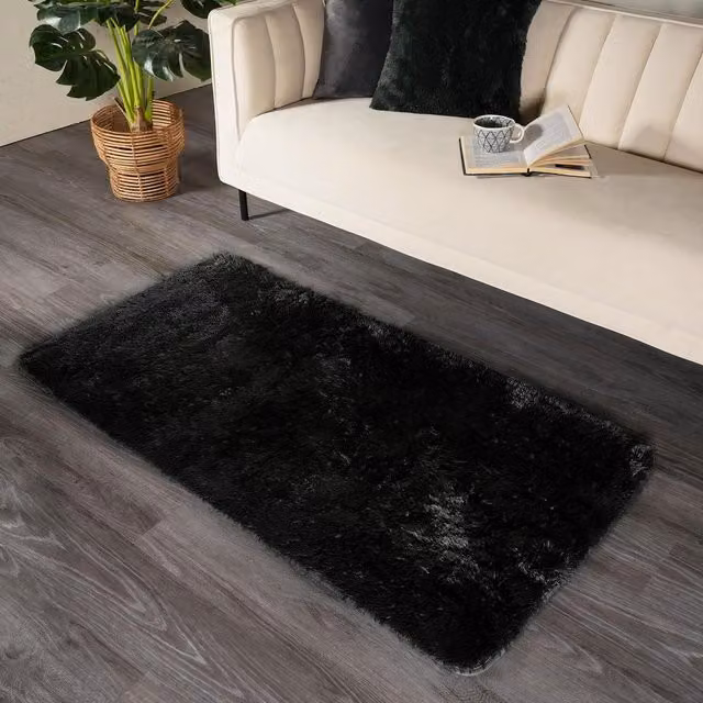 Sienna Black Shaggy Fluffy Rectangular Floor Mat, Width: 160 cm