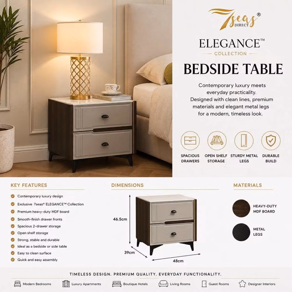 7seas 2 Drawer Bedside Table with Metal Legs in Grey, W: 48 cm, D: 39 cm, H: 46.5 cm – 2
