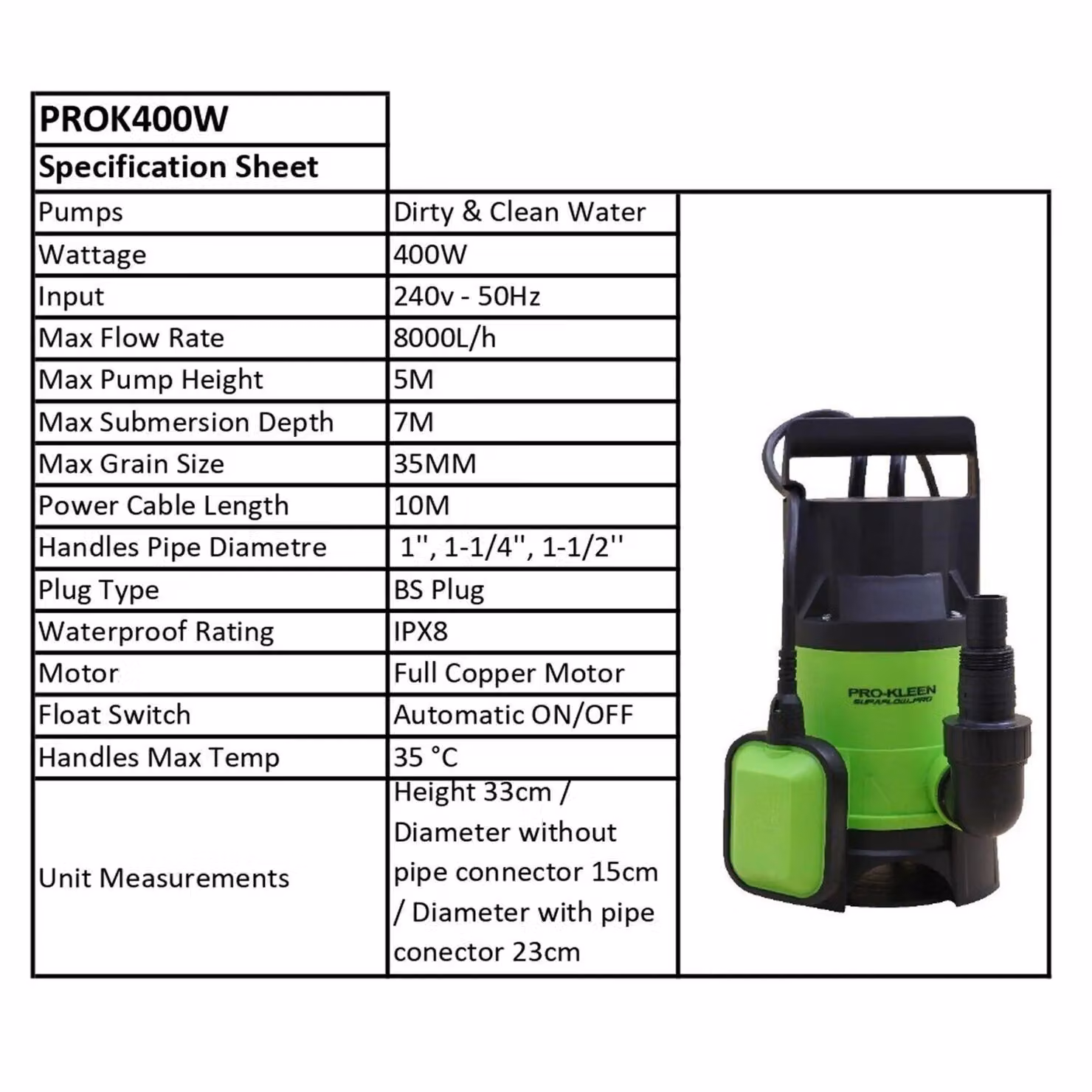 ProKleen 400W Electric Submersible Dirty or Clean Water Pump with 15m Hose in Green – 4