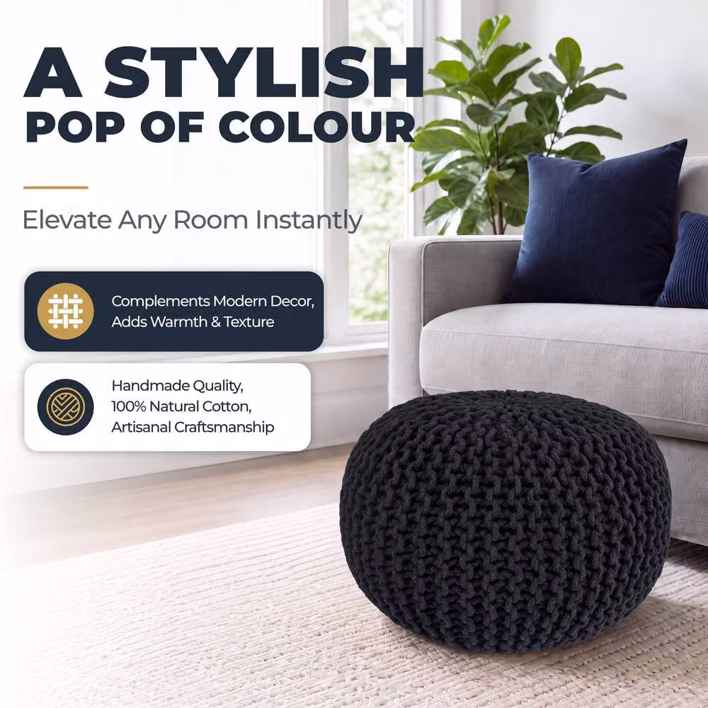 Bravich LTD Grey Chunky Knitted Cotton Round Pouffe Footstool, Diameter: 50 cm – 3
