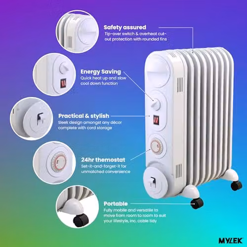 MYLEK White Freestanding Oil Filled Radiator with Thermostat and 24hr Timer, 2000W, H: 69 cm, W: 53 cm, D: 19 cm – 2