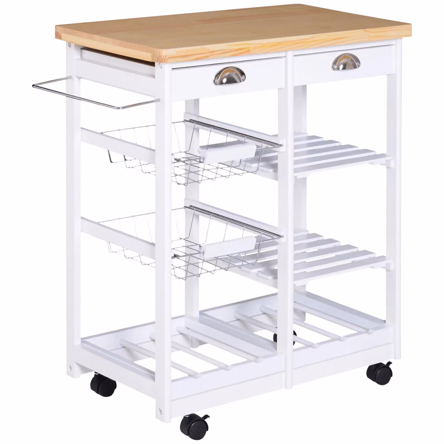 HOMCOM Rolling Kitchen Island Trolley Serving Cart with Drawers, Shelves and Basket in White – 2
