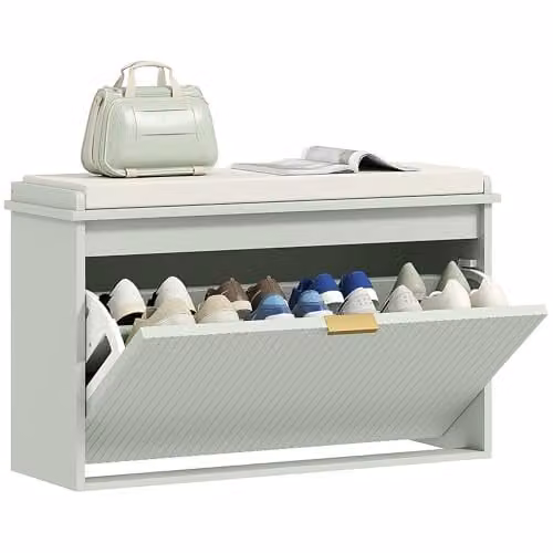 HOMCOM Modern Green Shoe Bench with Padded Seat and Flip-Drawer, W: 80 cm, D: 26 cm, H: 47.5 cm