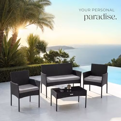 tectake 4-Seater Rattan Garden Furniture Set in Black and Grey with Upholstered Cushions, 2-Seater Sofa, Lounge Armchairs and Coffee Table with Powder Coated Steel Frame – 8