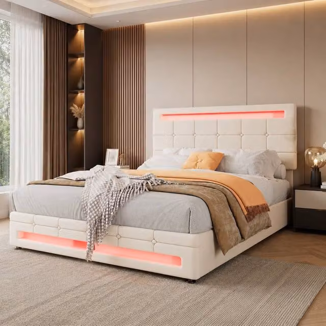 STILVORA Double Upholstered Bed with Lift-Up Storage and Under-Bed LED Lighting in Beige, W: 140 cm, D: 200 cm