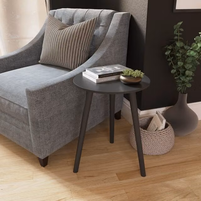Vida Designs Round Black Minimalist Side Table with Wood and Metal Four-Leg Design