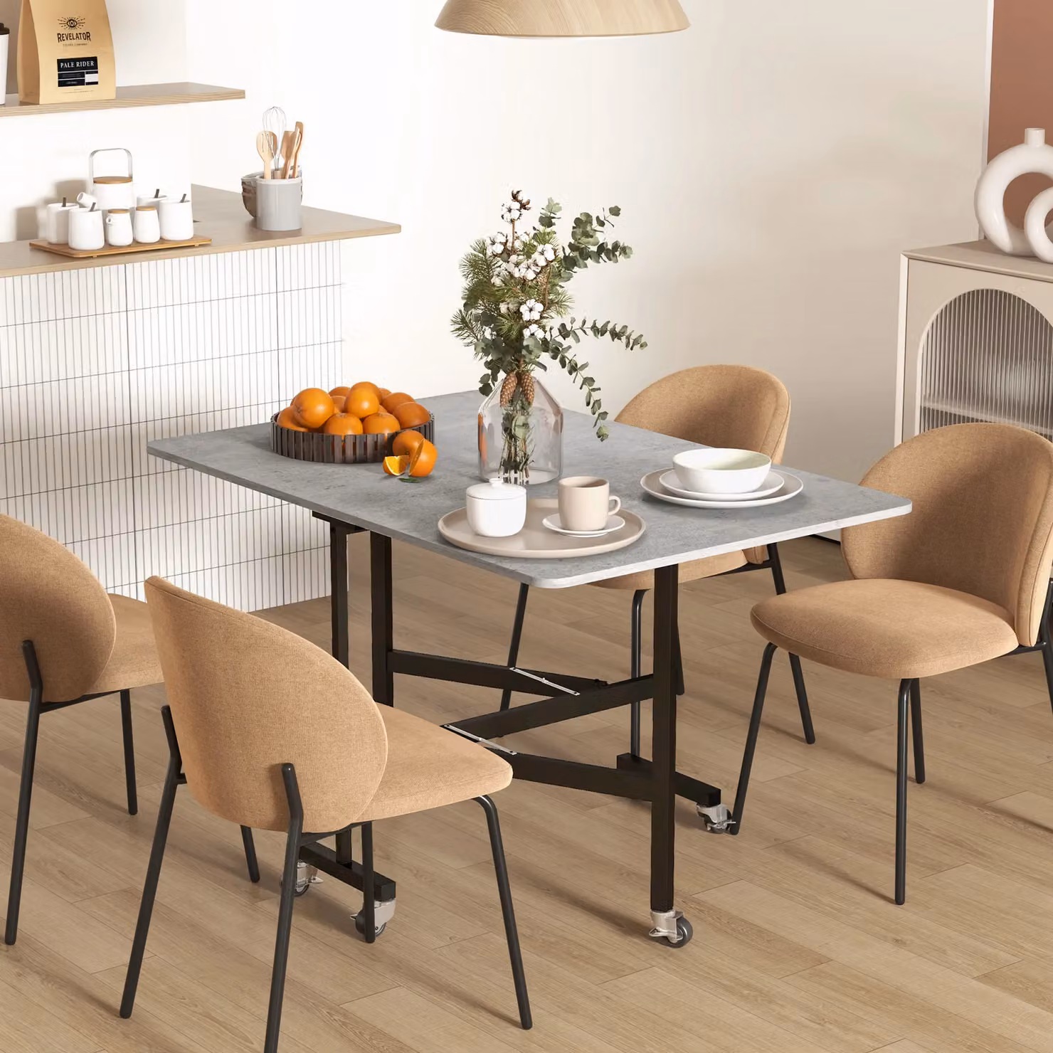 HOMCOM Grey Drop Leaf Folding Dining Table with Metal Frame and Castors – 2