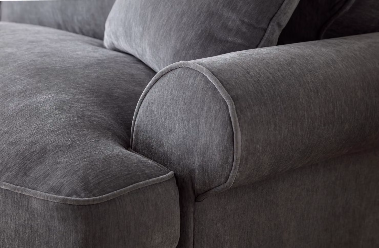 The Great Sofa Company Ezra Left Hand Velvet Chaise Sofa in Charcoal Grey with Scroll Arms and Scatter Cushions – 3