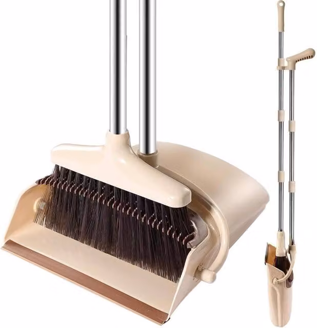 Kelvenix Beige and Brown Long Handled Dustpan and Brush Set with Telescopic Handle
