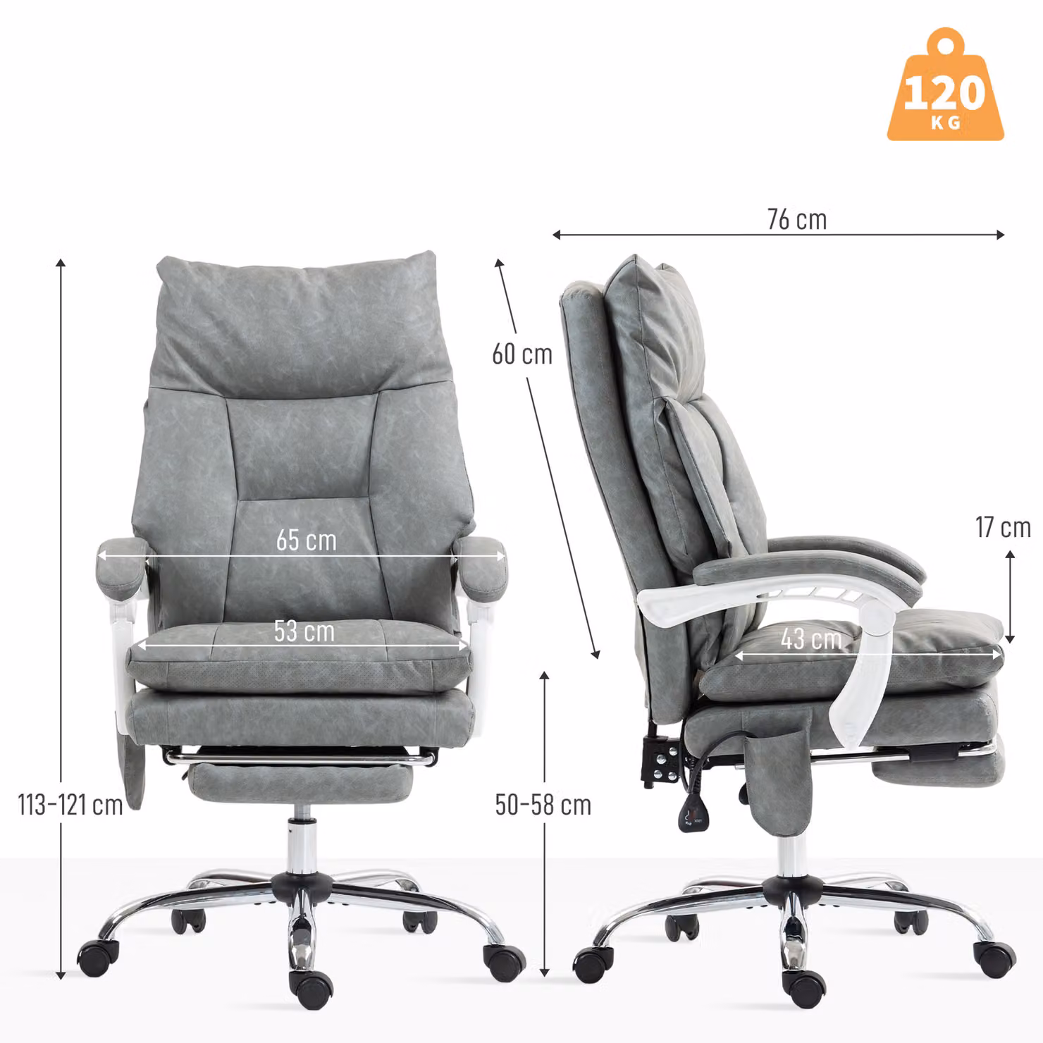 HOMCOM Grey Faux Leather Office Chair with Inflatable Lumbar Support and Headrest, W/D/H: 120 x 40 x 66 cm – 3