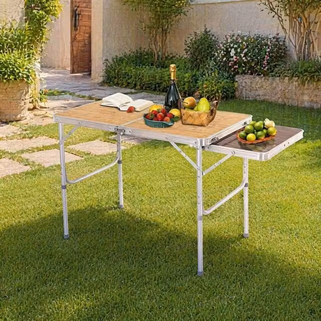 STILVORA Folding Table with Pull-Out Side Table in Natural Wood and Metal – 1