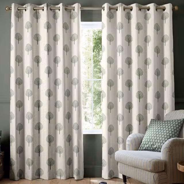 Emily Bond Fern Made to Measure Blackout Cotton Fabric Panel Curtains in Green and Beige