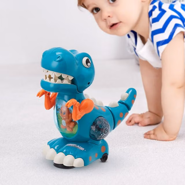 Komore Automatically Turning Walking Dinosaur Sensory Toy in Green and Multicolour