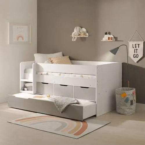 Flair Furnishings Lars Low Kids Trundle Bed with Drawers, White and Grey, W/D/H: 100 x 200 x 95.3 cm