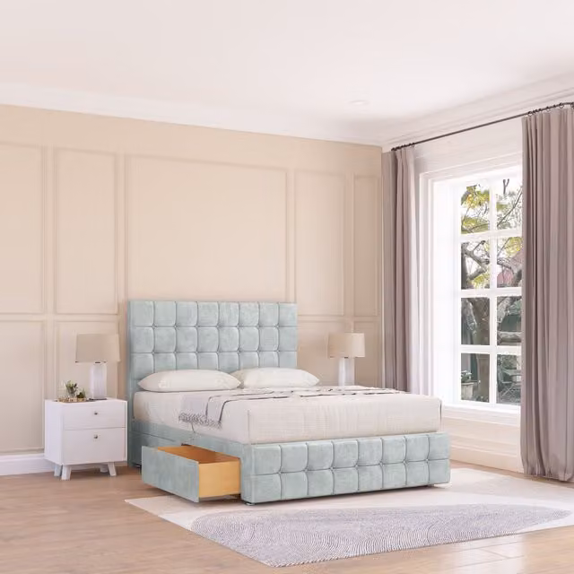 Sloomy Berlin Chesterfield Divan Bed Base with 4 Drawers and Floor Standing Headboard, Silver, W/D/H: 180 x 200 cm