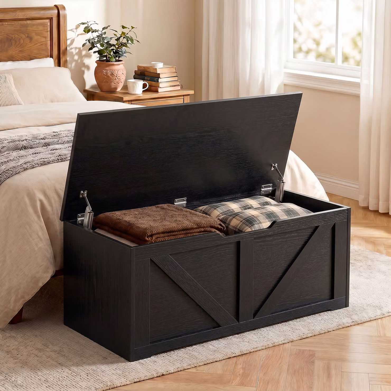 HOMCOM 127L Home Storage Box with Soft-Close Lid in Black Wood-Effect – 2