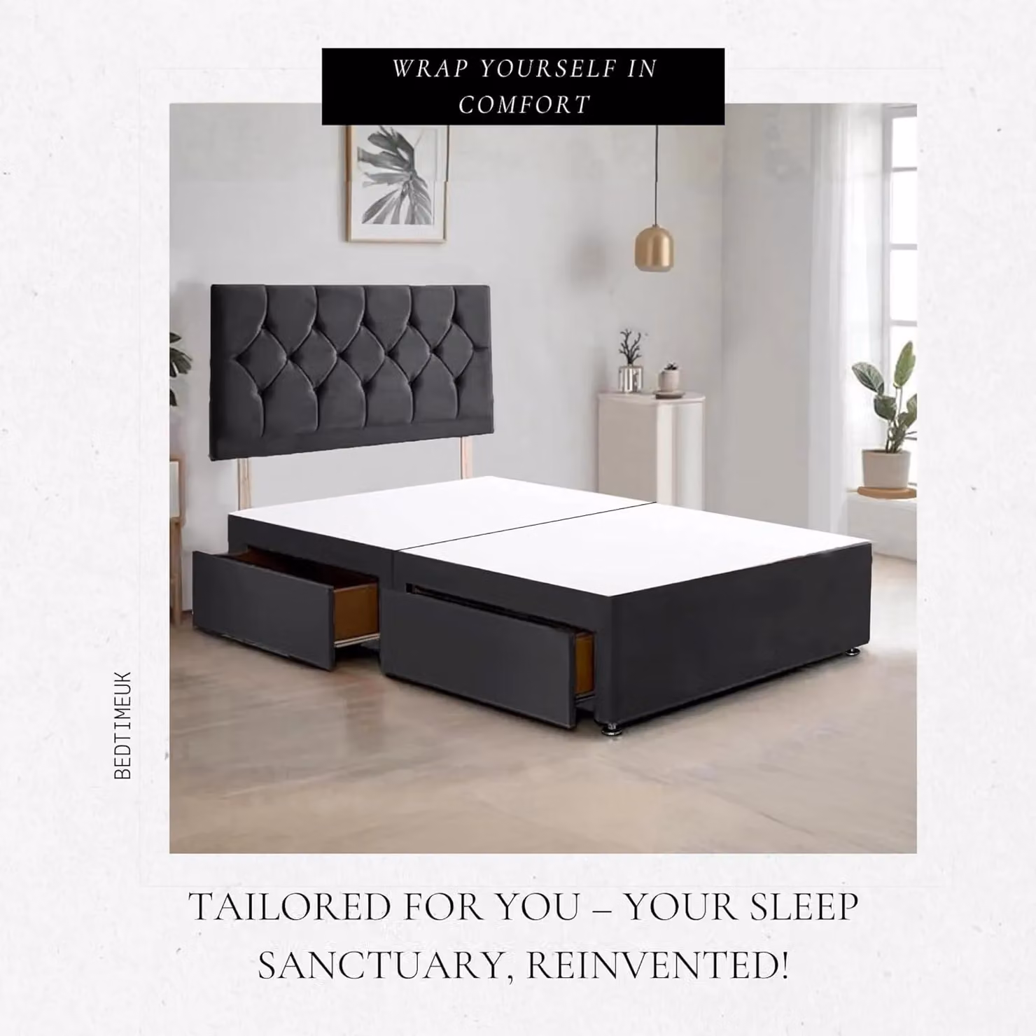 Bed Time UK Ziggy Plush Velvet Divan Bed Frame with 2 Drawers and 20 inch Headboard in Black, W/D/H: 120 x 200 cm – 3