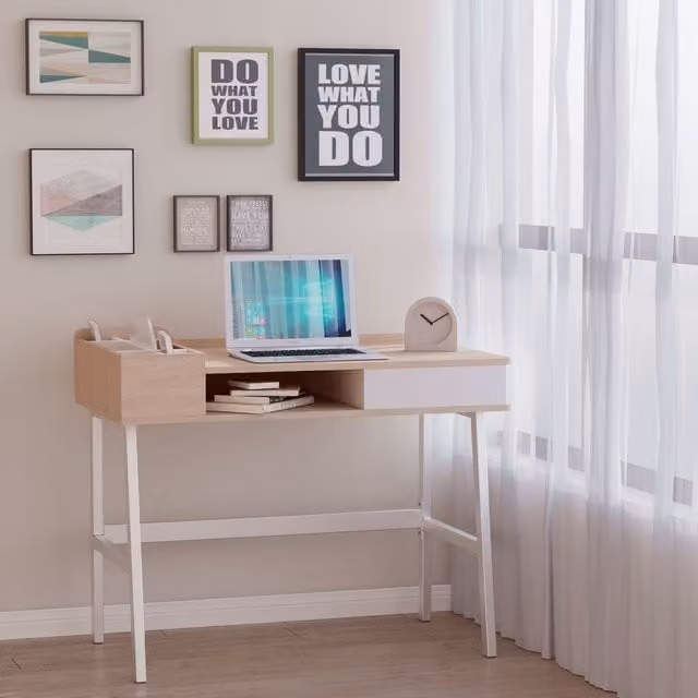 HOMCOM Modern Height Adjustable Computer Desk with Drawer in White