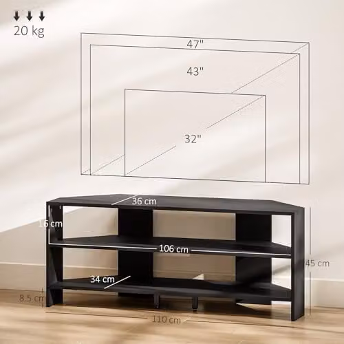 HOMCOM Modern Black Corner TV Stand for up to 45 Inch Televisions W/D/H: 110 x 36 x 45 cm – 2