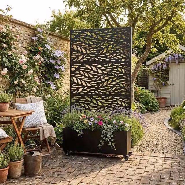 Nicoman Metal Indoor Outdoor Privacy Screen with Plant Pot, Leaf Pattern, Black, H 180 x W 90 x D 40 cm – 1