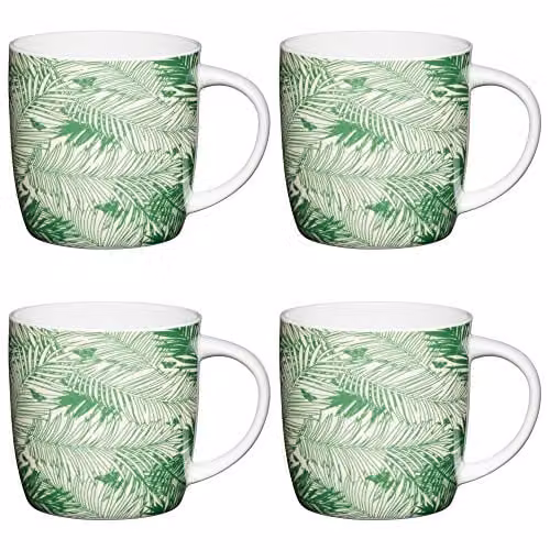 KitchenCraft Set of 4 Bone China Floral Palm Mugs in Green and White, 425 ml – 1