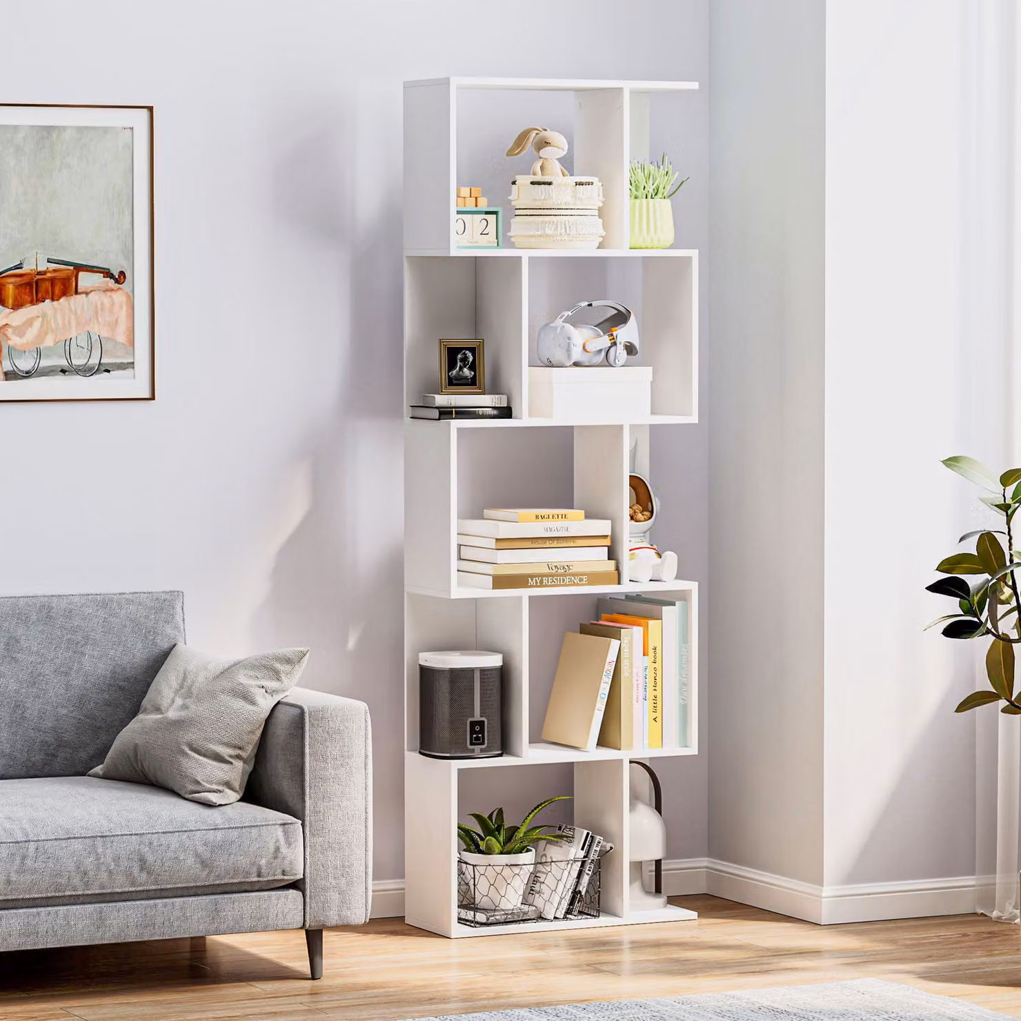 HOMCOM S-Shaped Wooden Bookcase, 5-Tier Freestanding White Storage Shelf for Home or Office – 2