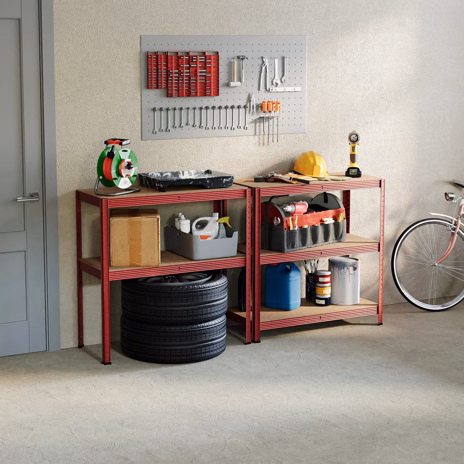 Home Discount Home Vida Set of 2 Red 5 Tier Heavy Duty Garage Shelves and Work Benches, W: 150 cm, D: 70 cm, H: 70 cm – 2