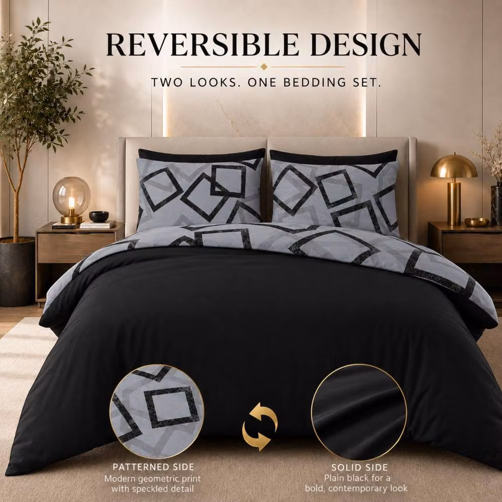 Pamposh Reversible Microfibre Luxury Duvet Cover Set in Grey, Black and Gold, W: 140 cm, H: 200 cm – 2