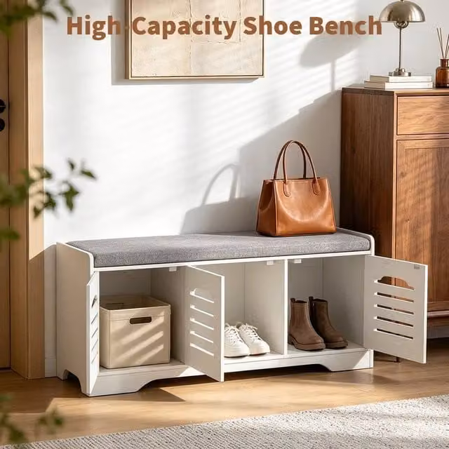 EONLION 3 Door Shoe Bench and Storage Cabinet Organiser in White, Width: 100 cm