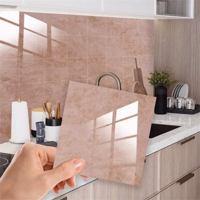 PAWNORA Topaz Brown Marble Look Wall Tile Stickers, Glossy Stone Look Decor Inserts, W: 15.24 cm, H: 15.24 cm