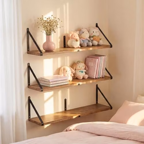 Levede Set of 3 Modular Floating Wall Shelves in Wood and Metal, W/D/H: 80 x 20 x 18 cm – 2