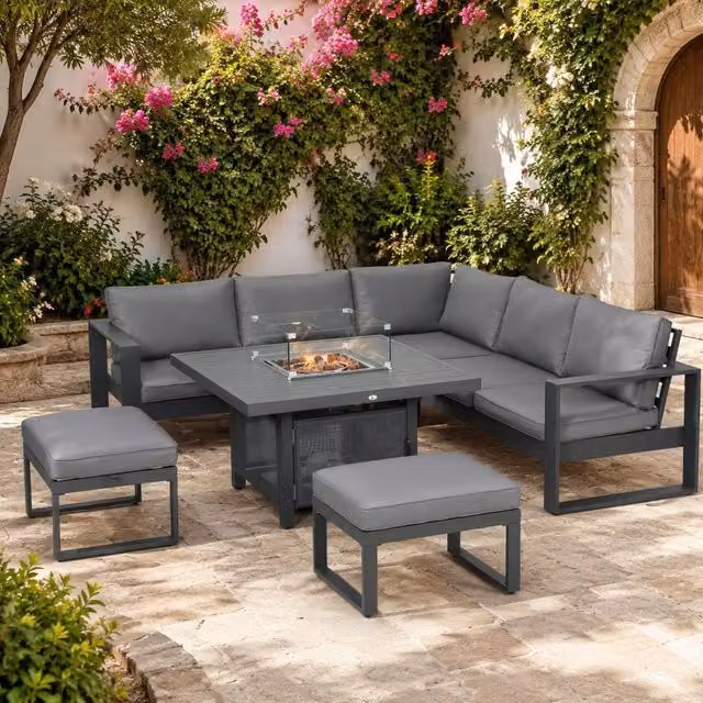 STILVORA 7-Seater Modern Grey Sofa with Aluminium Fire Pit Table