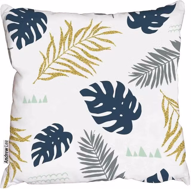 Benjamin Tate Design LTD Tropical and Golden Leaves Square Cushion, Blue and Gold, W: 45 cm