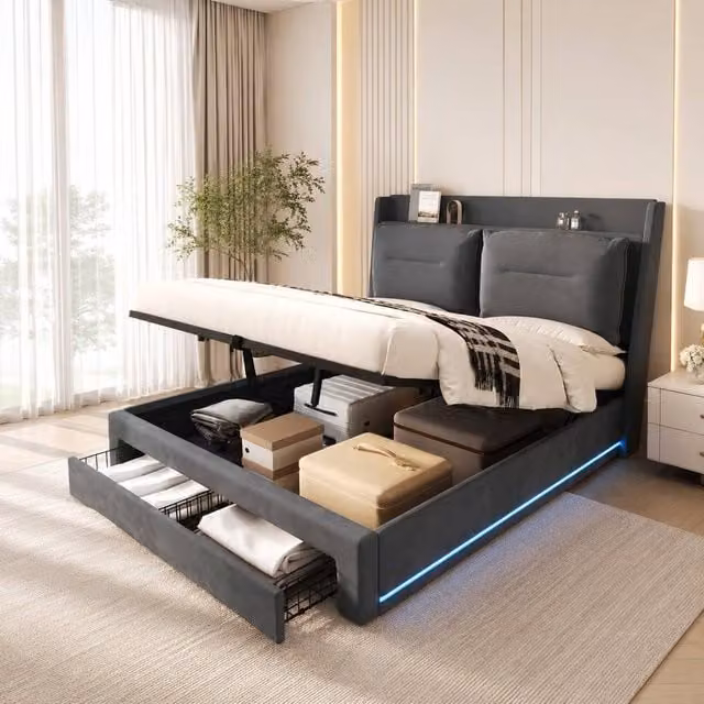 Merax King Size Velvet LED Ottoman Storage Bed with Cushion Headboard in Grey, W/D/H: 150 x 200 cm – 1