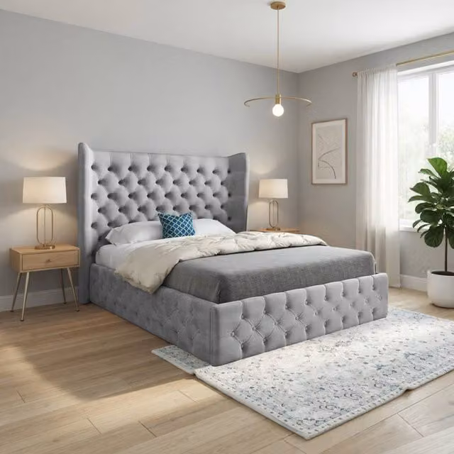 Casani Ickham Small Double Upholstered Velvet Designer Bed Frame in Grey, W/D/H: 120 x 200 cm – 1