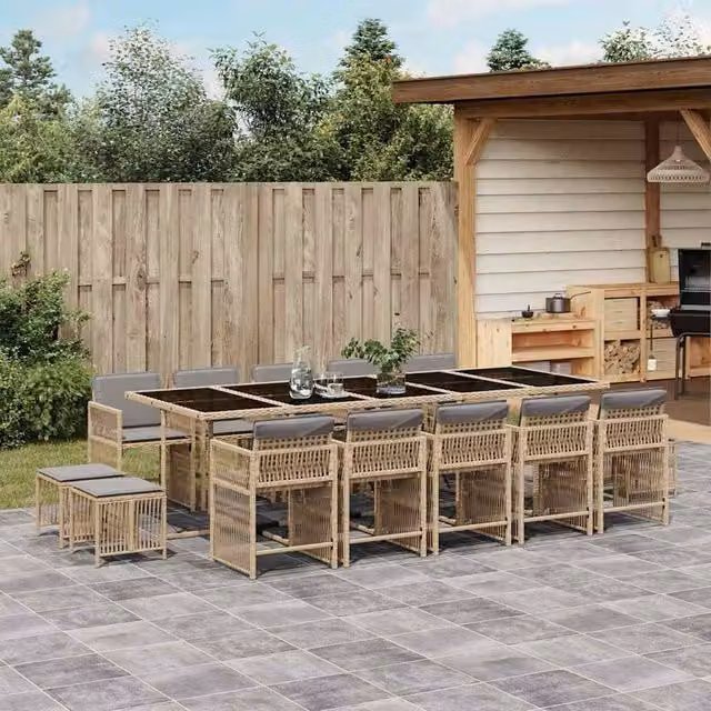 Berkfield Home 15 Piece Garden Dining Set with Beige Cushions in Mixed Poly Rattan