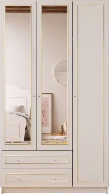 EVUHOME Marie XL 3 Door 2 Drawer Mirrored Wardrobe in White and Gold, H 210 cm x W 105 cm x D 52 cm