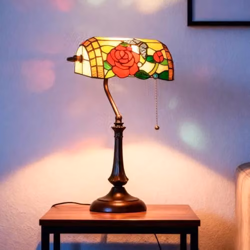 HOMCOM Tiffany-Style Stained Glass Table Lamp with Bronze Base and Multicolour Design – 8