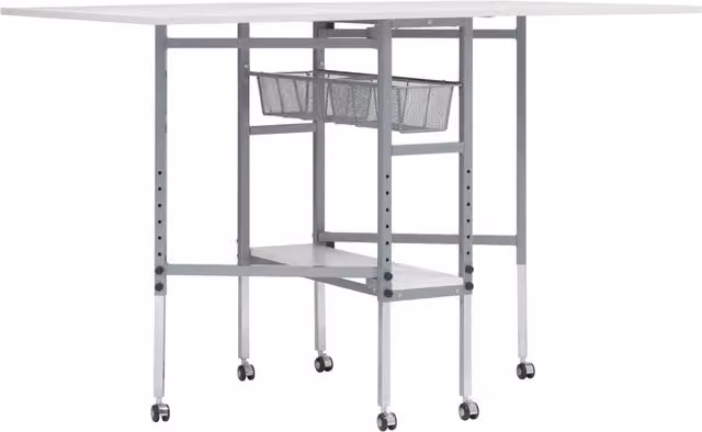 Sewing Online White Quilting Fabric Cutting Table with Extendable Drop Leaf and Height Adjustable Metal Legs on Castors