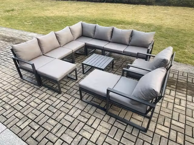 Fimous Dark Grey Powder Coated Aluminium Outdoor Garden Furniture Set with L-Shape Corner Sofa, Coffee Table and 2 Ottomans