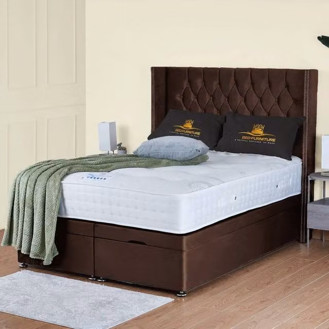 UK Bed Furniture Francesca End Lift Divan Ottoman Bed with 54 Inch Diamond Headboard in Brown, Size: Super King, W/D/H: 200 x 137.16 cm