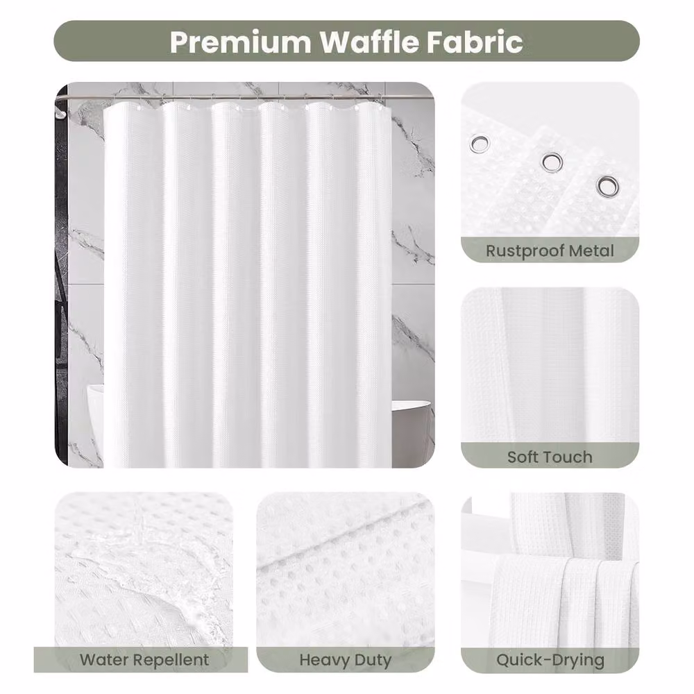 INHOUSOLU White Waffle Weave Polyester Shower Curtain with Weighted Hem and Hooks, Width: 184 cm – 2