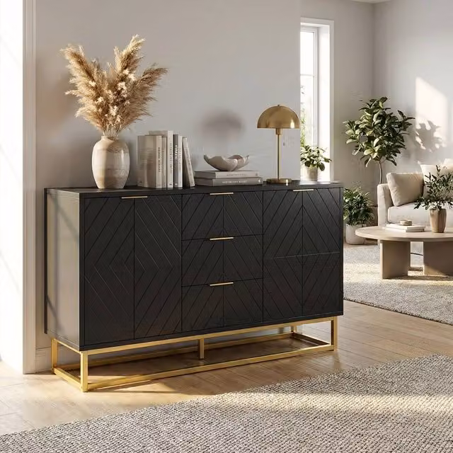 HOMCOM Modern Sideboard Storage Cabinet with Adjustable Shelves in Black and Gold – 1