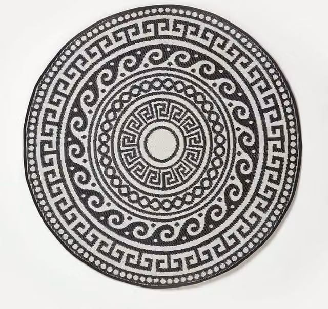 Homescapes Luxury Round Outdoor Rug Black Enid Aztec, Diameter: 180 cm