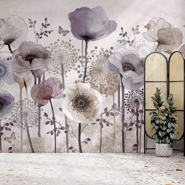 Superfresco Easy Poppy Purple Floral Print Mural, W: 300 cm, H: 280 cm